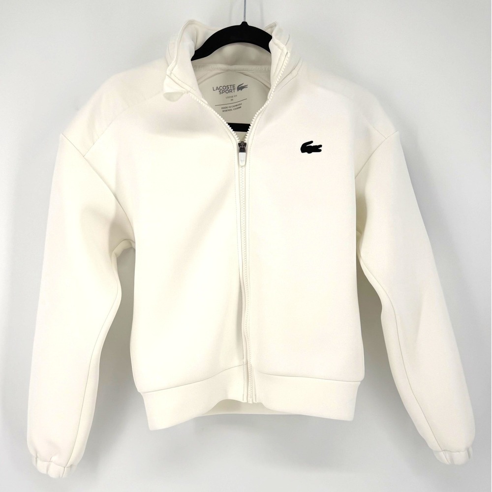 Lacoste Sport Hoodie Loose Fit 36 Cream White Full Zip Jacket Athleisure